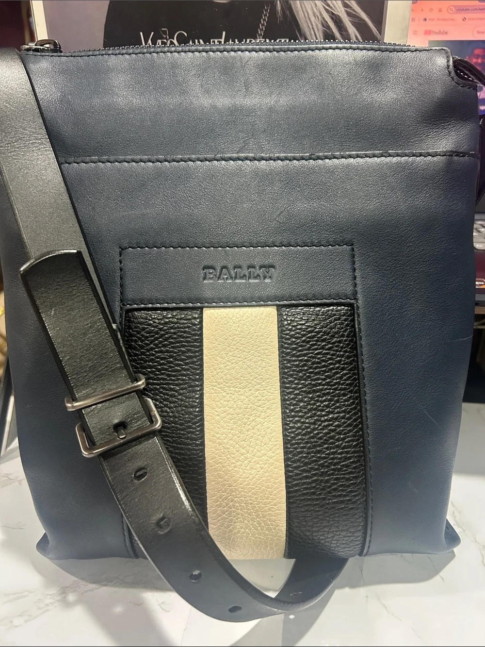 Bally Navy Leather Messenger Bag with Black & Cream Center Stripe